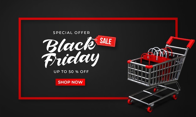 Black friday sale banner template with 3d shop bags on shopping cart
