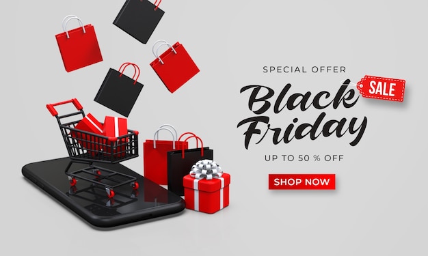 Black friday sale banner template with 3d shopping cart on the smartphone