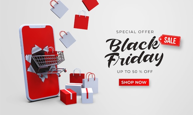 Black friday sale banner template with 3d shopping cart