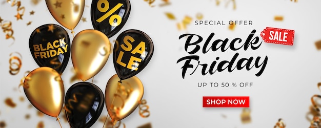 PSD black friday sale banner template with black and gold shiny balloons