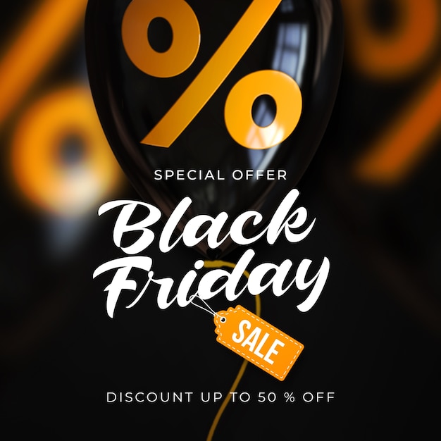 PSD black friday sale banner template with black shiny balloon