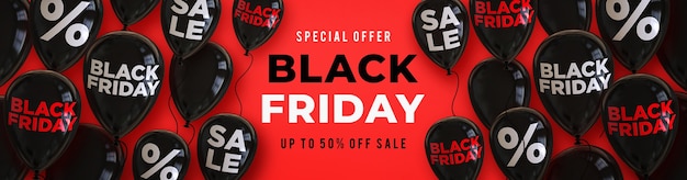 Black friday sale banner template with black shiny balloons