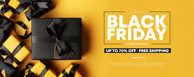 PSD modello di banner di vendita del black friday con regali eleganti in colori nero e giallo