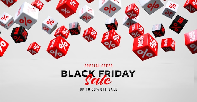 Black friday sale banner template with falling red, black and white cubes with percent