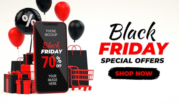 PSD insegna di vendita del black friday con il modello rosso del telefono cellulare e lo spazio della copia nel rendering 3d