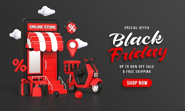 Black friday sale banner with Shopping store concept on mobile phone 3d rendering