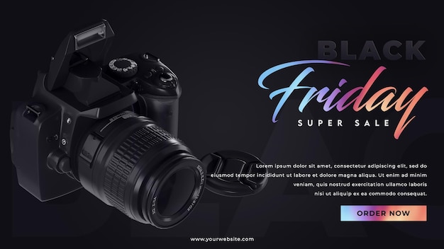 PSD black friday sale on camera banner template 3d render