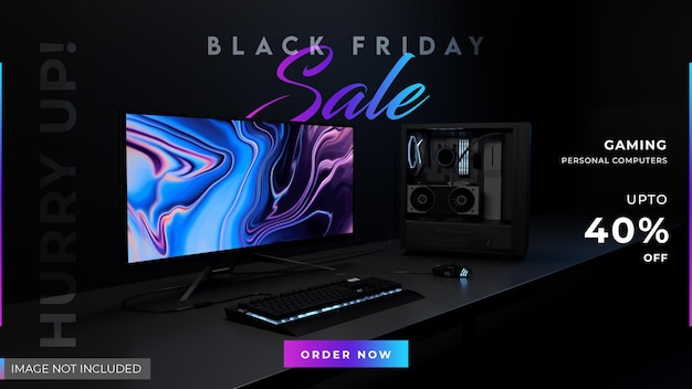 Black Friday Sale on Desktop Computers Banner Template 3D Render
