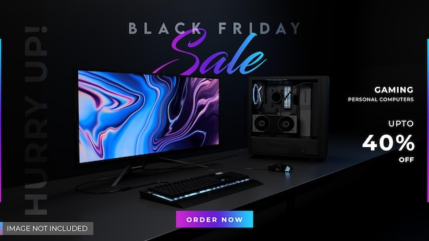 Modello 3d per banner di vendita del black friday su computer desktop render