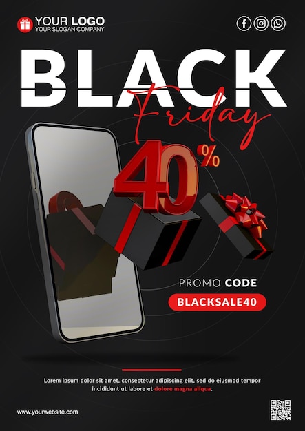 Volantino per i saldi del black friday con uno sconto del 40%.