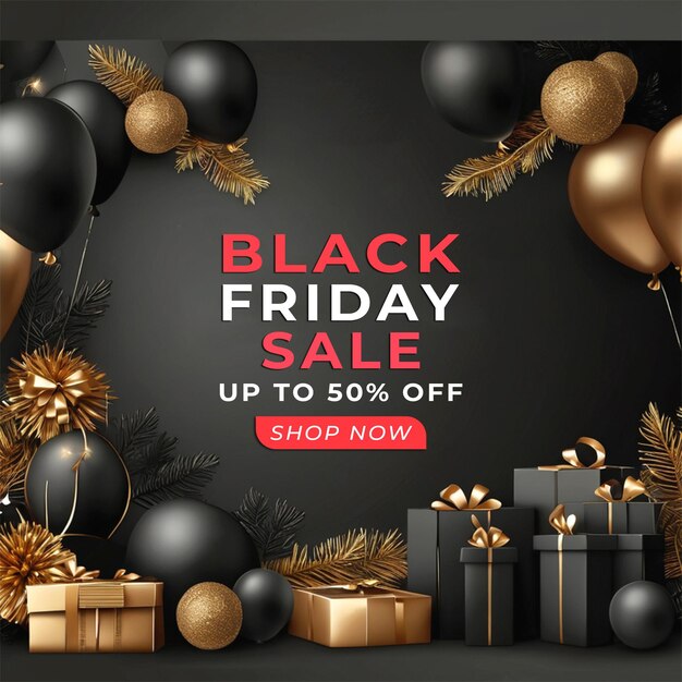 Black friday offer social media instagram post banner con scatola regalo realistica e palloncini