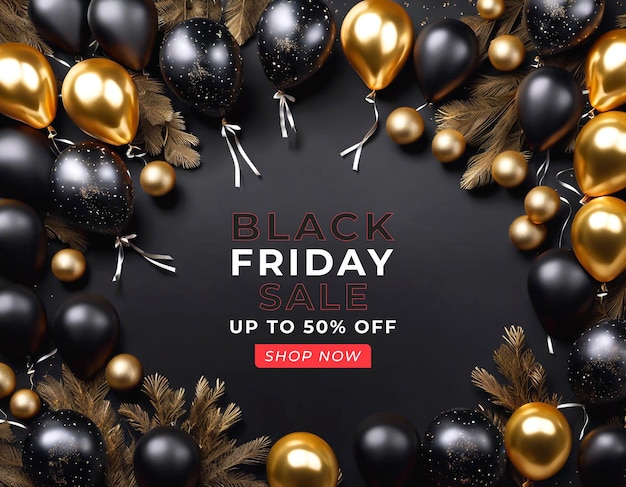 PSD black friday offer social media instagram post banner con scatola regalo realistica e palloncini