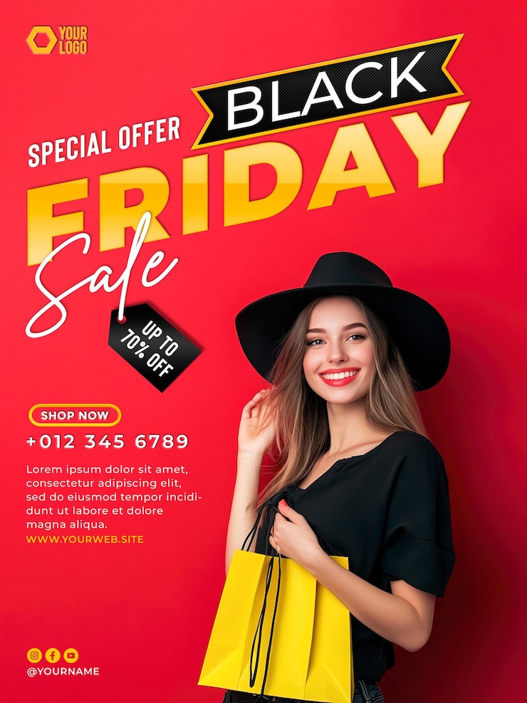 PSD black friday sale poster template for social media with casual woman in background