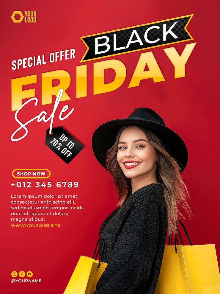 PSD black friday sale poster template for social media with casual woman in background