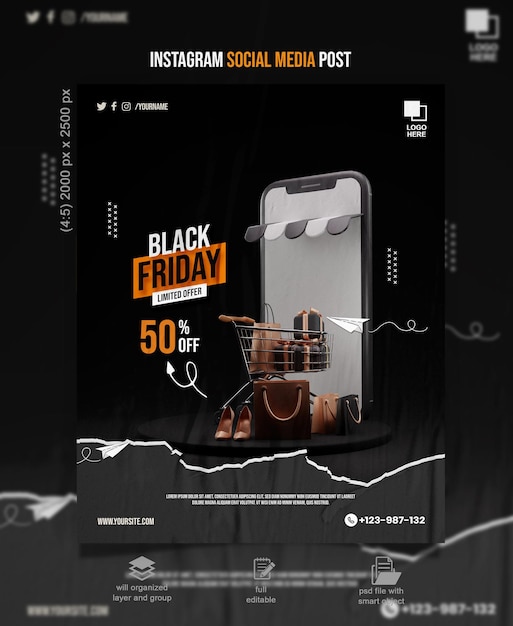 PSD black friday sale promotion post design with mobile smartphone and 3d shopping cart