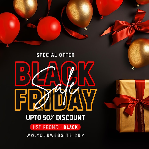 PSD black friday sale social media post design template con palloncini realistici e scatola regalo