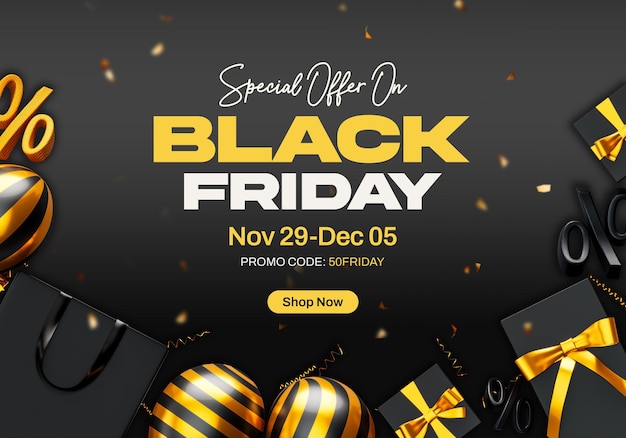 Black Friday Sale Social Media Post Design Template z realistycznymi balonami
