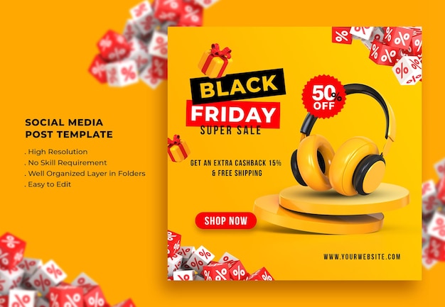 Black friday sale social media post-sjabloon 3d-rendering