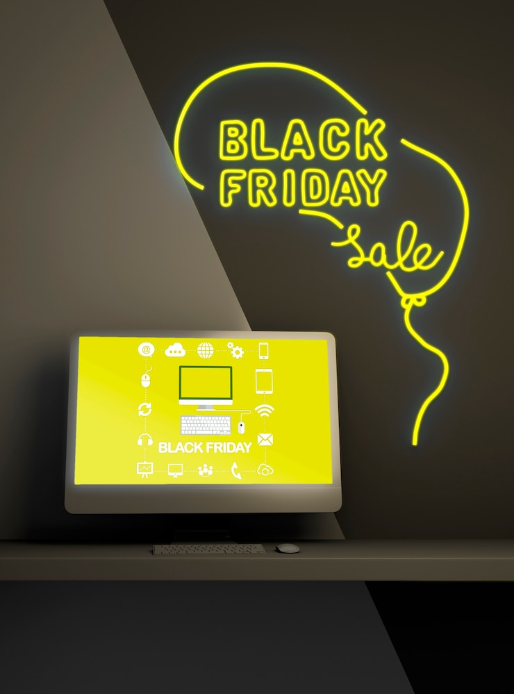 PSD black friday sales background with pc mock-up