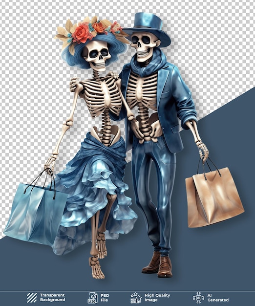 Black friday skeleton couple with shopping bag on transparent background