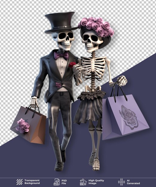 PSD black friday skeleton couple with shopping bag on transparent background