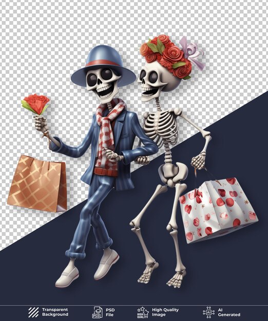 PSD black friday skeleton couple with shopping bag on transparent background