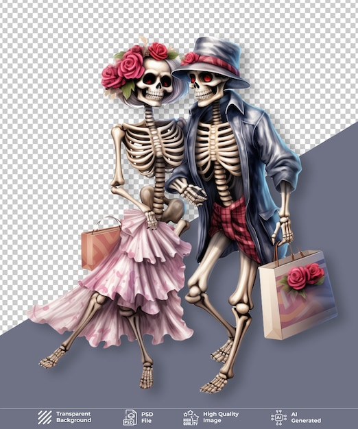 PSD black friday skeleton couple with shopping bag on transparent background