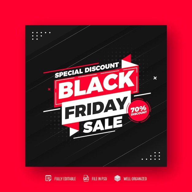 PSD modello di banner per post sui social media e vendita di sconti del black friday