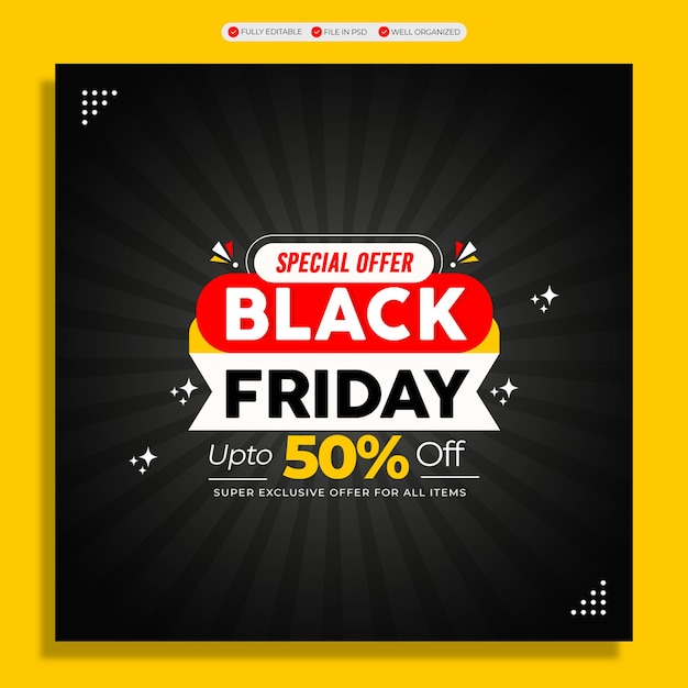 PSD modello di progettazione banner per post sui social media e vendita di sconti del black friday