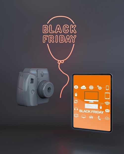 Black friday tablet mock-up with orange neon lights
