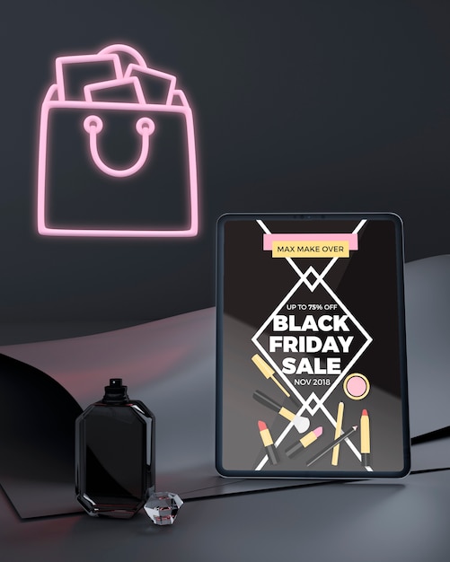 PSD black friday tablet mock-up with pink neon lights