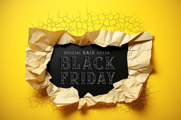 PSD black friday text torn paper with text black friday on a yellow background