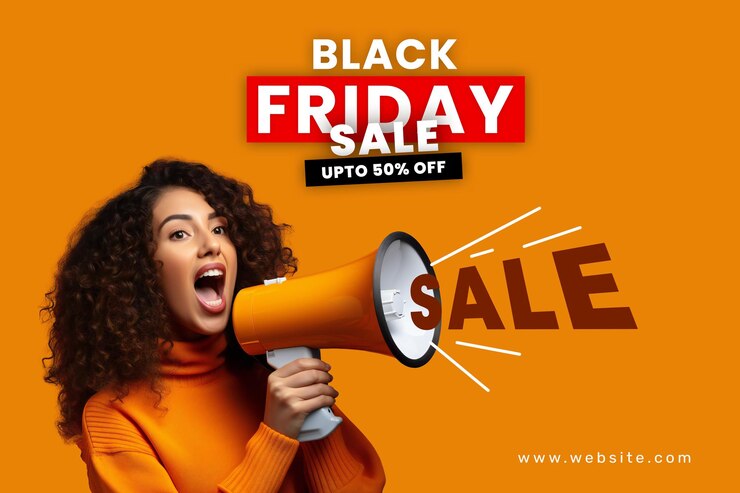 PSD black friday-verkoopbannerontwerp met een jong meisje dat kortingen aankondigt via een megafoon