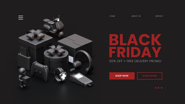 Black friday-webpaginasjabloon met alle zwarte 3d-renderingsamenstelling