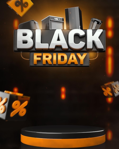 연단 3d 렌더링 퍼센트 큐브가 있는 Black Friday