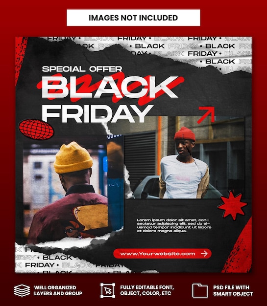 Black Friday with torn paper style Social media post template or square flyer