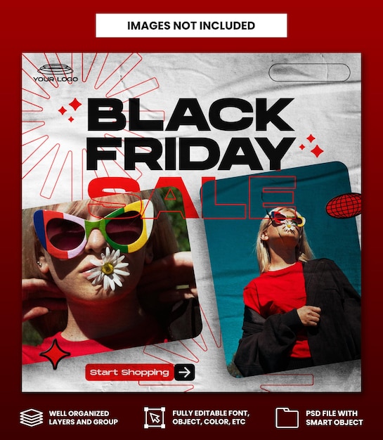 PSD black friday with torn paper style social media post template or square flyer