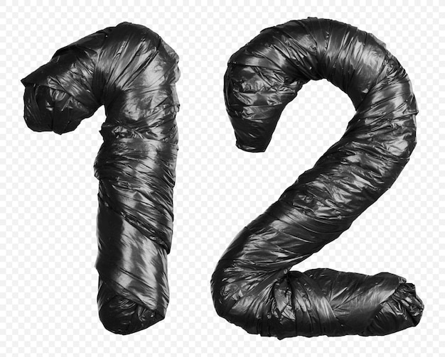 PSD black garbage bag alphabet numbers 1 and 2 isolated