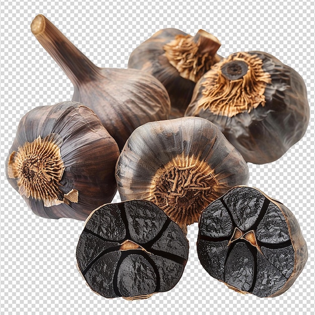 Black garlic bulbs isolated on transparent background