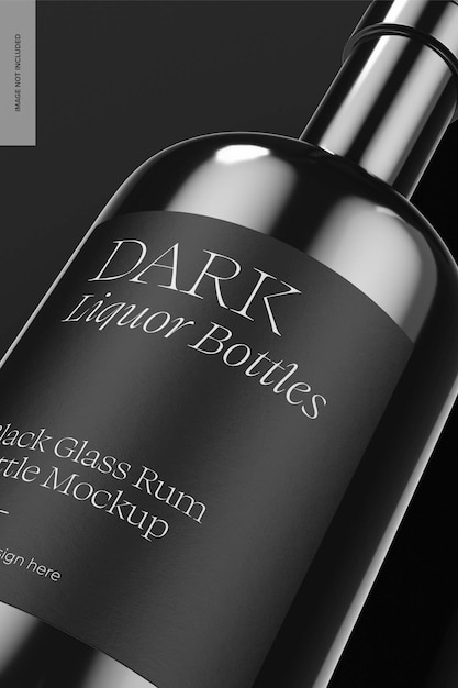 Black glass rum bottle mockup, close up