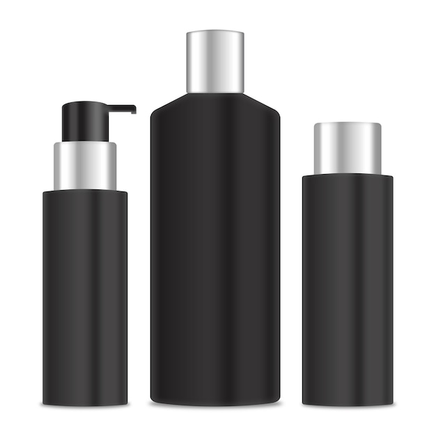 液体石鹸ローションシャンプーシャワージェル用ディスペンサー付きの黒い光沢のあるプラスチックボトルセットモックアップPSD