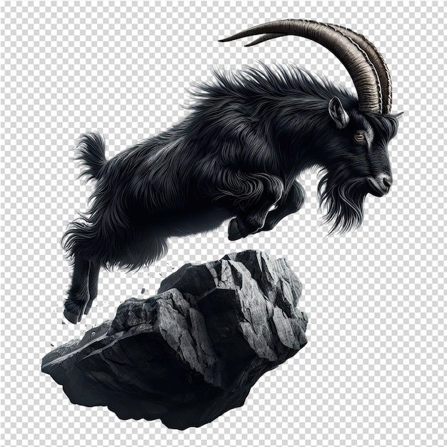 PSD a black goat jumping over a rock