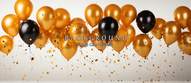 PSD black and gold balloons with confetti party or birthday decoration