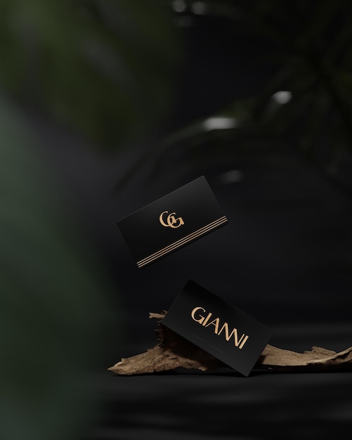 Black gold business card for brand visualization on black tropical background 3d render