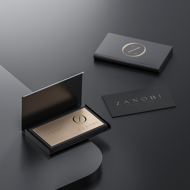 Black and gold business card with cardholder mockup on black background for branding 3d render