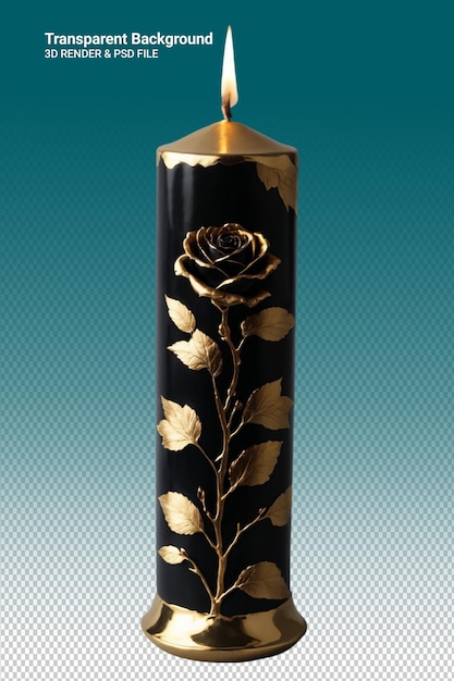 PSD a black and gold candle with a gold leaf on it