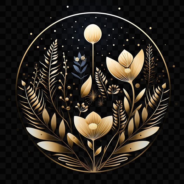 PSD a black and gold circle with flowers and the moon