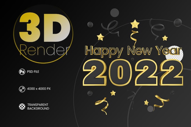 PSD nero e oro felice anno nuovo 2022 etichetta scritta 3d rendono la composizione