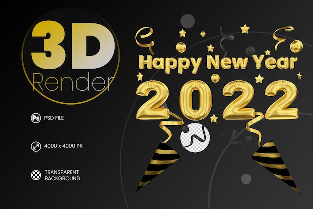 PSD black and gold happy new year 2022 lettering label 3d render composition