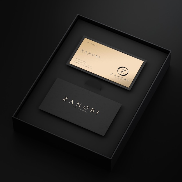 Modello moderno di biglietto da visita dello scritto tipografico nero e oro per il rendering 3d del marchio